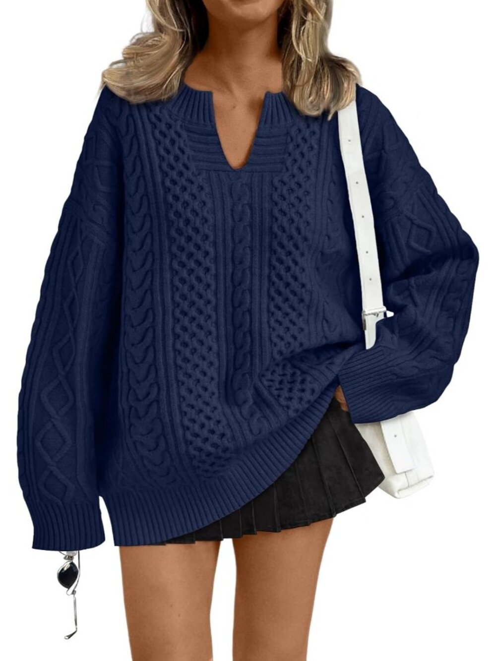 Women's Navy Blue V Neck Fall Fashion Oversized Cable Knit Fall Outfits Sweaters